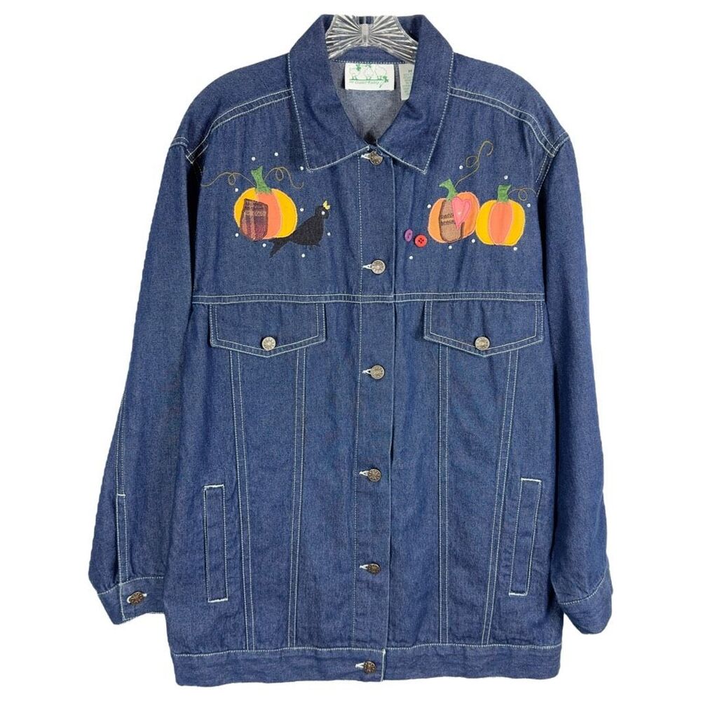 Quacker‎ Factory Medium Denim Jacket Jean Fall Autumn Scarecrow Pumpkin 1582
